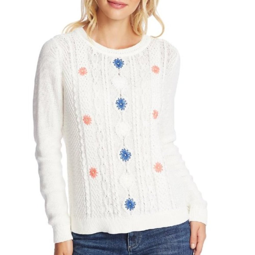 CeCe by Cynthia Steffe Embroidered Cable Knit Sweater